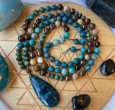 Inner Vision Necklace - 108 - Apatite + Chrysocolla + Bronzite + Hematite + Petrified Wood + Dendritic Agate + Smoky Quartz + Magnesite