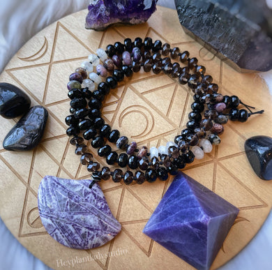 Grounded Goddess - 108 - Diamond Cut - Onyx, Smoky Quartz, Moonstone, Charoite + Lepidolite Mala Necklace