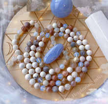 Load image into Gallery viewer, Ethereal Visions Set - Mala Necklace + Bracelet: Blue Lace Agate + Howlite + Sunstone + Opalite + Pink Zebra Jasper