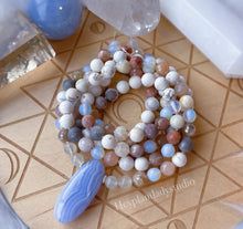 Load image into Gallery viewer, Ethereal Visions Set - Mala Necklace + Bracelet: Blue Lace Agate + Howlite + Sunstone + Opalite + Pink Zebra Jasper