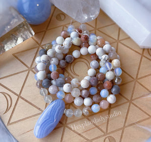 Ethereal Visions Set - Mala Necklace + Bracelet: Blue Lace Agate + Howlite + Sunstone + Opalite + Pink Zebra Jasper