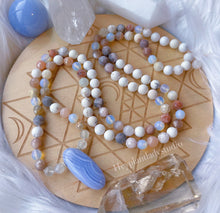 Load image into Gallery viewer, Ethereal Visions Set - Mala Necklace + Bracelet: Blue Lace Agate + Howlite + Sunstone + Opalite + Pink Zebra Jasper