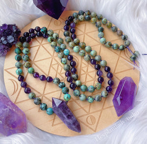 Growing and Flowing - Mala Necklace + Bracelet Set - Amethyst + African Turquoise + Karen Hill Tribe Silver