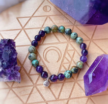 Load image into Gallery viewer, Growing and Flowing - Mala Necklace + Bracelet Set - Amethyst + African Turquoise + Karen Hill Tribe Silver