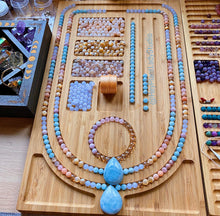 Load image into Gallery viewer, Reserved for Lisa - Pre - Order - Spring Blooms Mala + Bracelet - Cherry Blossom Agate, Aquamarine, Blue Chalcedony, Mother of pearl