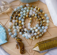 Load image into Gallery viewer, The Sandbar - Aquamarine + Mystic Blue Tigers Eye Gemstone Mala Necklace