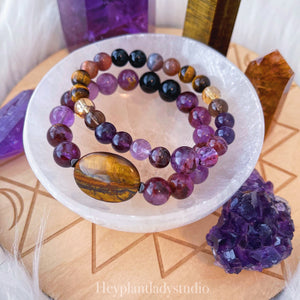 Super Blood Moon Bracelet - ONE 10mm Phantom Amethyst + Onyx + Tigers Eye Gemstone Stretch Bracelet