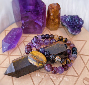 Super Blood Moon Bracelet - ONE 10mm Phantom Amethyst + Onyx + Tigers Eye Gemstone Stretch Bracelet