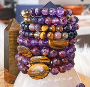 Super Blood Moon Bracelet - ONE 10mm Phantom Amethyst + Onyx + Tigers Eye Gemstone Stretch Bracelet