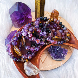 Super Blood Moon Bracelet - ONE 10mm Phantom Amethyst + Onyx + Tigers Eye Gemstone Stretch Bracelet