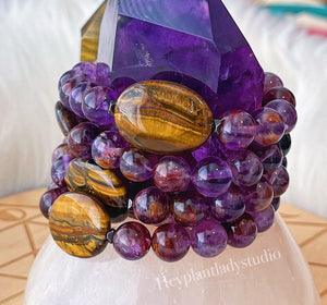 Super Blood Moon Bracelet - ONE 10mm Phantom Amethyst + Onyx + Tigers Eye Gemstone Stretch Bracelet