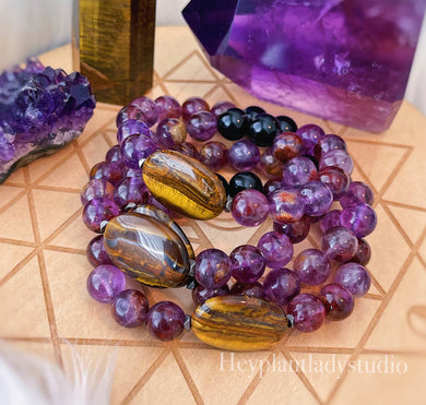 Super Blood Moon Bracelet - ONE 10mm Phantom Amethyst + Onyx + Tigers Eye Gemstone Stretch Bracelet