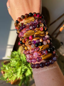 Super Blood Moon Bracelet - ONE 10mm Phantom Amethyst + Onyx + Tigers Eye Gemstone Stretch Bracelet