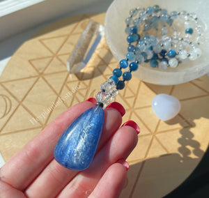 High Vibration  - 108 - AAA Gem Kyanite, Blue Rutilated Quartz, Rainbow Moonstone Clear Quartz Mala Necklace