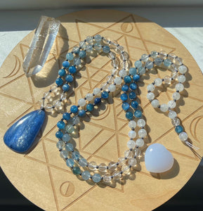 High Vibration  - 108 - AAA Gem Kyanite, Blue Rutilated Quartz, Rainbow Moonstone Clear Quartz Mala Necklace