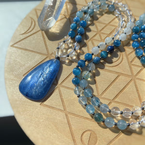 High Vibration  - 108 - AAA Gem Kyanite, Blue Rutilated Quartz, Rainbow Moonstone Clear Quartz Mala Necklace
