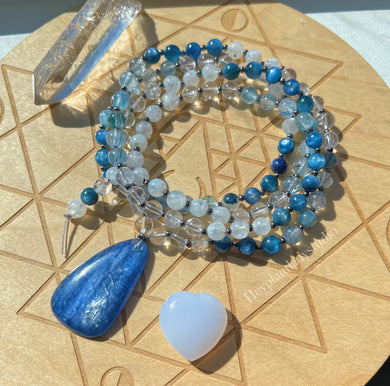 High Vibration  - 108 - AAA Gem Kyanite, Blue Rutilated Quartz, Rainbow Moonstone Clear Quartz Mala Necklace