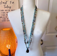 Load image into Gallery viewer, Lotus Pond Mala Necklace - 108 - Burmese Jadeite, Botswana Agate, Labradorite, Eagle Eye, Fossil Coral
