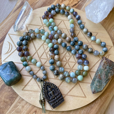Lotus Pond Mala Necklace - 108 - Burmese Jadeite, Botswana Agate, Labradorite, Eagle Eye, Fossil Coral