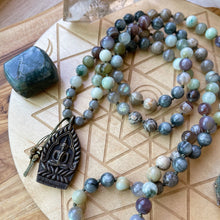 Load image into Gallery viewer, Lotus Pond Mala Necklace - 108 - Burmese Jadeite, Botswana Agate, Labradorite, Eagle Eye, Fossil Coral