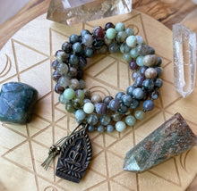 Load image into Gallery viewer, Lotus Pond Mala Necklace - 108 - Burmese Jadeite, Botswana Agate, Labradorite, Eagle Eye, Fossil Coral