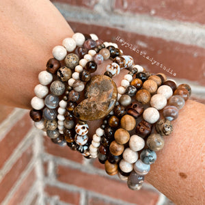 Walk the Plank - 8mm Wood Skulls + Riverstone - Stretch Bracelet
