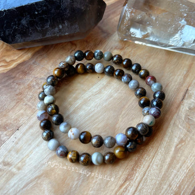 Treasure Island - 6mm Bronzite, Tigers Eye, pietersite, silver leaf jasper- Stretch Bracelet
