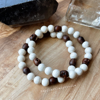 Walk the Plank - 8mm Wood Skulls + Riverstone - Stretch Bracelet