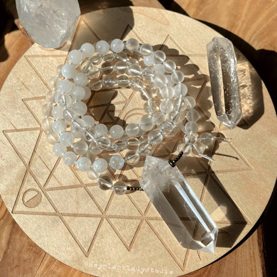 MADE TO ORDER - YOU PICK THE PENDANT - Radiant Light - Clear Quartz + Agate + Rainbow Moonstone Mala Necklace
