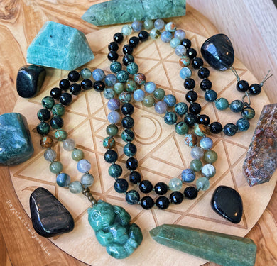 Peaceful Forest Mala Necklace - 108 - Burmese Jadeite Panda, Kambaba Jasper, Labradorite, Indian Agate, African Opal, Onyx, Prehnite