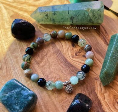 Peace & Luck - 8mm Jadeite, Prehnite, Onyx, African Opal, Indian Agate, Karen Hill Tribe Silver - Stretch Bracelet