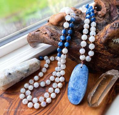 High Vibration  - 108 - AAA Gem Kyanite + Rainbow Moonstone Mala Necklace