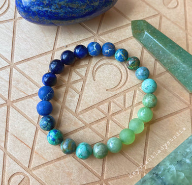 EARTH  - 8mm Sodalite, Blue Jasper, Chrysocolla, Blue Tigers Eye, Green Jade - Stretch Bracelet