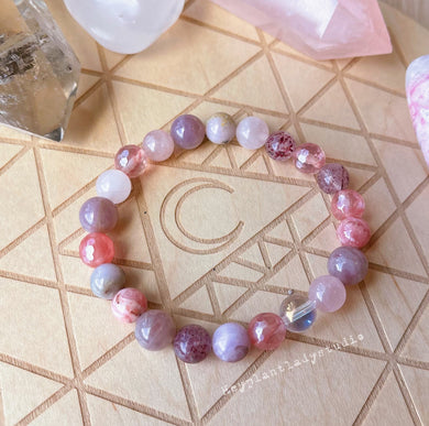 French Macarons - 8mm Kunzite, Madagascar Rose Quartz, Aura Quartz, Rhodochrosite, Pink Opal, Strawberry Quartz, Mystic Agate - Stretch Bracelet