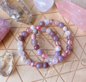 French Macarons - 8mm Kunzite, Madagascar Rose Quartz, Aura Quartz, Rhodochrosite, Pink Opal, Strawberry Quartz, Mystic Agate - Stretch Bracelet