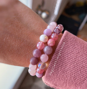 French Macarons - 8mm Kunzite, Madagascar Rose Quartz, Aura Quartz, Rhodochrosite, Pink Opal, Strawberry Quartz, Mystic Agate - Stretch Bracelet