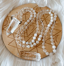 Load image into Gallery viewer, Radiant Light - Clear Quartz + Agate + Rainbow Moonstone Mala Necklace