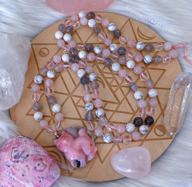 Mystic Messenger - Peruvian Pink Opal Smiling Cat Carving, Diamond Cut Clear + Cloudy Quartz, Howlite, & Rose Quartz, Sterling Silver Mala Necklace
