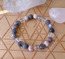 Load image into Gallery viewer, Pretty Petals - Matte Pink Zebra Jasper, Clear and Cloudy Quartz Stretch Bracelet