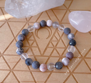 Pretty Petals - Matte Pink Zebra Jasper, Clear and Cloudy Quartz Stretch Bracelet