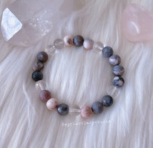 Load image into Gallery viewer, Pretty Petals - Matte Pink Zebra Jasper, Clear and Cloudy Quartz Stretch Bracelet
