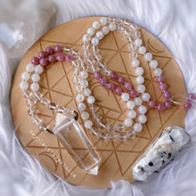 Load image into Gallery viewer, RESERVED - Radiant Light - Madagascar Rose Quartz + Clear Quartz + Agate + Rainbow Moonstone Mala Necklace