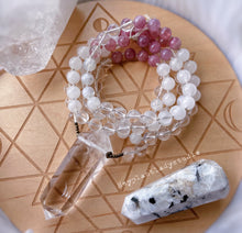 Load image into Gallery viewer, RESERVED - Radiant Light - Madagascar Rose Quartz + Clear Quartz + Agate + Rainbow Moonstone Mala Necklace