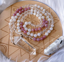 Load image into Gallery viewer, RESERVED - Radiant Light - Madagascar Rose Quartz + Clear Quartz + Agate + Rainbow Moonstone Mala Necklace
