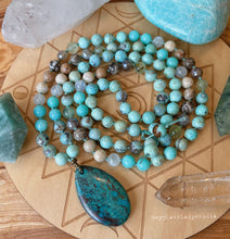 Load image into Gallery viewer, Songbird Mala Necklace - 108 - Robins Egg Agate, Chrysocolla, AAA Aqua Amazonite, Faceted Prehnite, Rainbow Moonstone, Mystic Mocha Agate, Fossil Coral, Riverstone