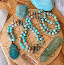 Load image into Gallery viewer, Songbird Mala Necklace - 108 - Robins Egg Agate, Chrysocolla, AAA Aqua Amazonite, Faceted Prehnite, Rainbow Moonstone, Mystic Mocha Agate, Fossil Coral, Riverstone