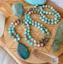 Load image into Gallery viewer, Songbird Mala Necklace - 108 - Robins Egg Agate, Chrysocolla, AAA Aqua Amazonite, Faceted Prehnite, Rainbow Moonstone, Mystic Mocha Agate, Fossil Coral, Riverstone