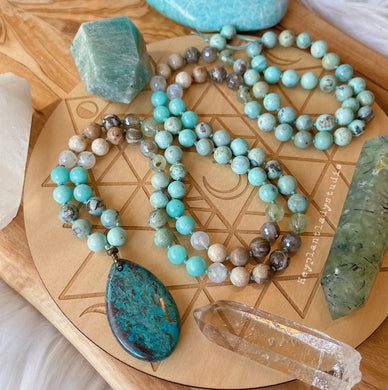 Songbird Mala Necklace - 108 - Robins Egg Agate, Chrysocolla, AAA Aqua Amazonite, Faceted Prehnite, Rainbow Moonstone, Mystic Mocha Agate, Fossil Coral, Riverstone
