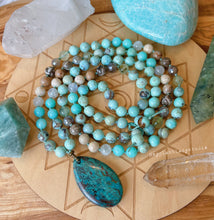 Load image into Gallery viewer, Songbird Mala Necklace - 108 - Robins Egg Agate, Chrysocolla, AAA Aqua Amazonite, Faceted Prehnite, Rainbow Moonstone, Mystic Mocha Agate, Fossil Coral, Riverstone