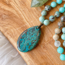 Load image into Gallery viewer, Songbird Mala Necklace - 108 - Robins Egg Agate, Chrysocolla, AAA Aqua Amazonite, Faceted Prehnite, Rainbow Moonstone, Mystic Mocha Agate, Fossil Coral, Riverstone